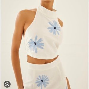 Something Navy embroidered floral linen halter size M